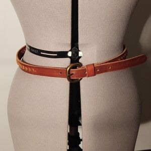 Brown Genuine Leather Thin Belt with Raised Design and Metal Rivets Sz S